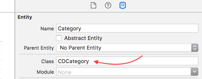 A screenshot showing where to set the class name for a Core Data entity.