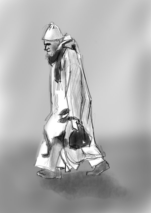 Walking man black and white sketch